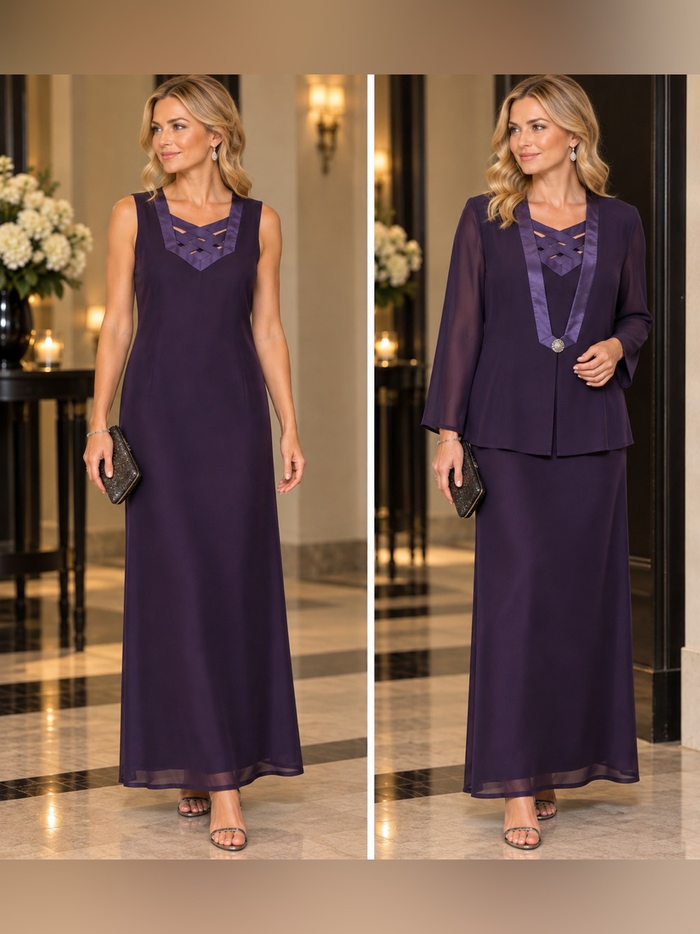 Elegant Deep Purple Maxi Dress with Lattice Neckline